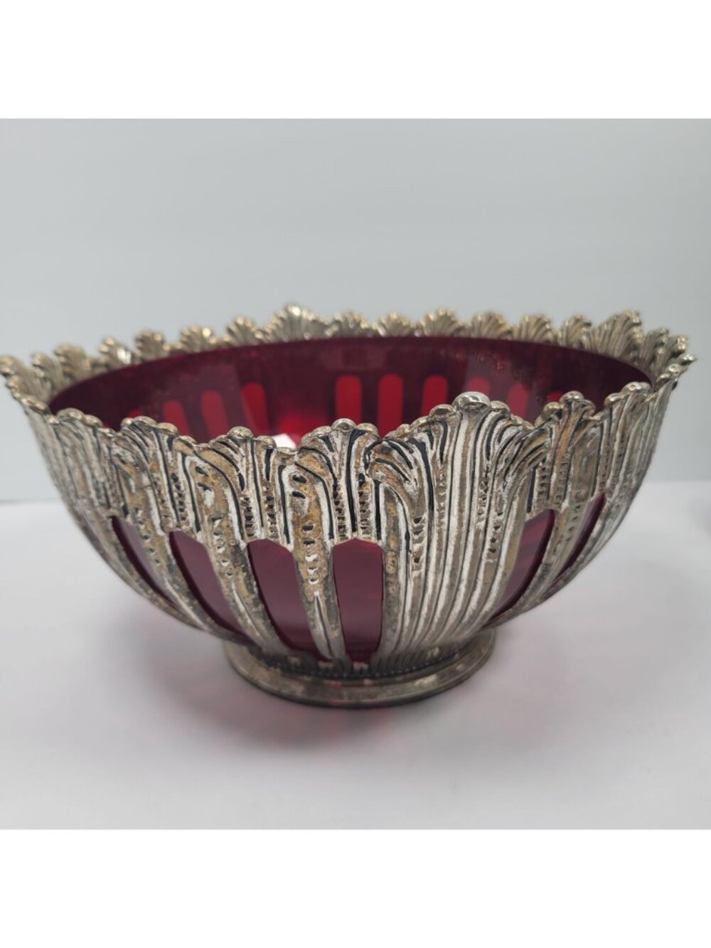 Vintage Silver Plated Godinger Ruby Red Glass Console Bowl with Utensils Set - Picture 2 of 12